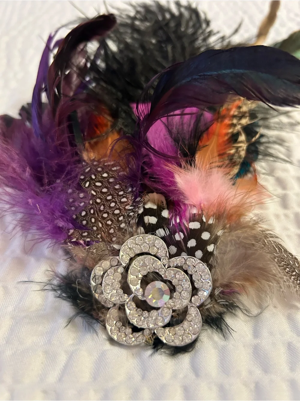 My Fair Lady Vintage Crystal Floral Feather Hat pin brooch - Purple multicolor